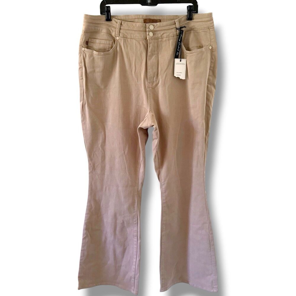 Women's NEW High Waist Khaki Double Waistband Tummy Control 20W Tan Flare Jean
